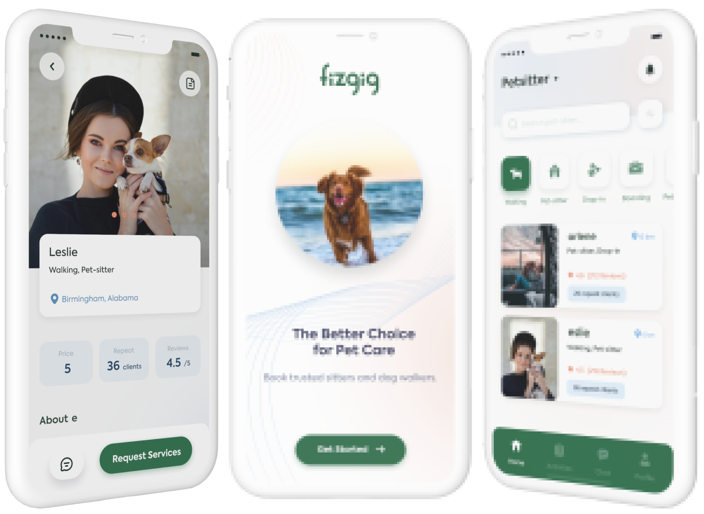 Fizgig mobile app showing pet care booking interface